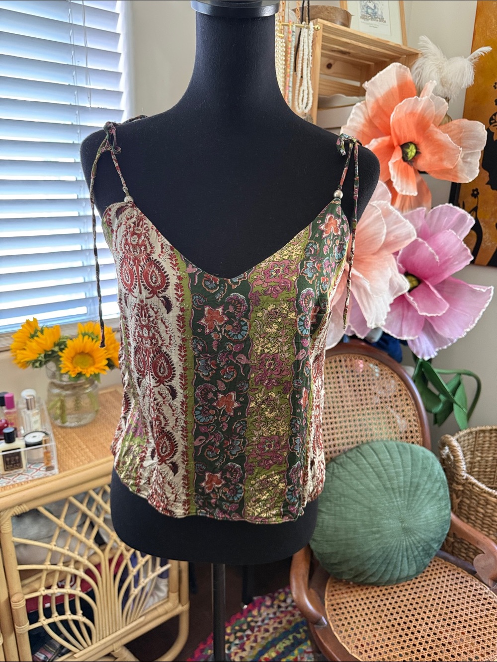 Zara Leia Floral Paisley Tie Shoulder Boho Hippie Camisole Tank Top